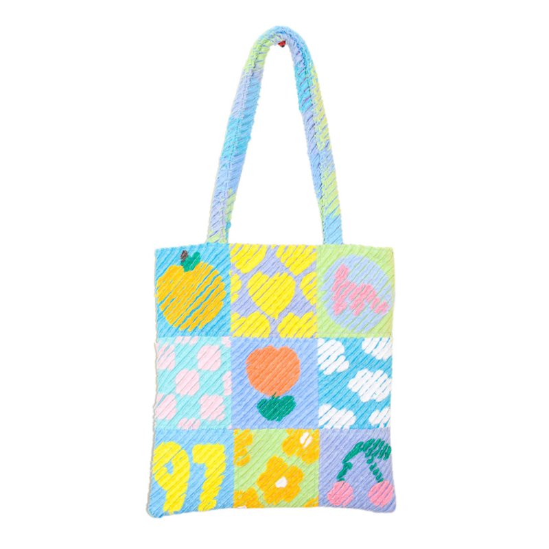 Mokemoke Patchwork Tote Bag Tulip/Blue Slash Quilt - กระเป๋าถือ - ผ้าฝ้าย/ผ้าลินิน สีน้ำเงิน