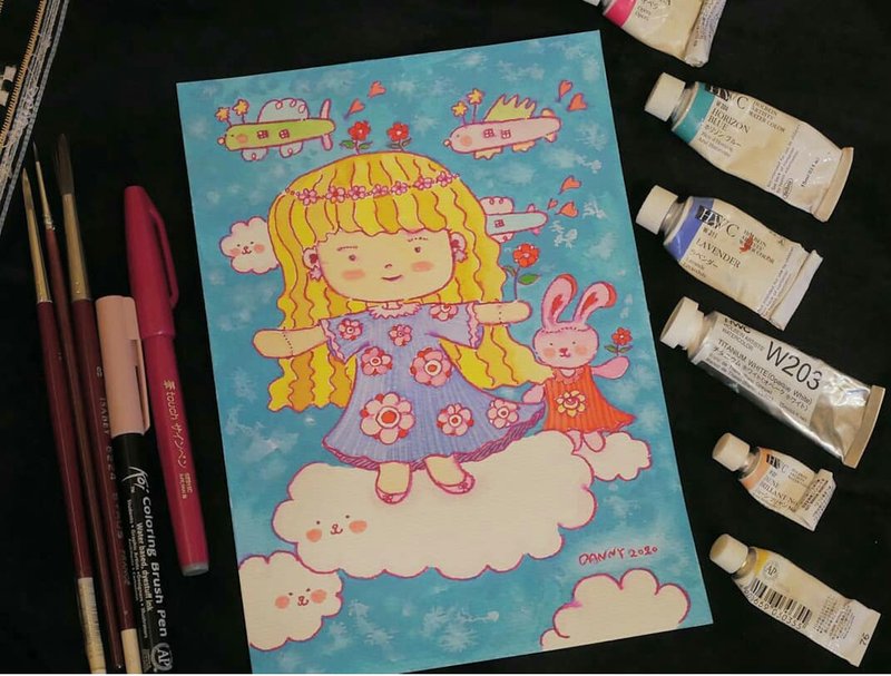 雲端上的女孩 手繪插畫 - 海報/掛畫/掛布 - 紙 