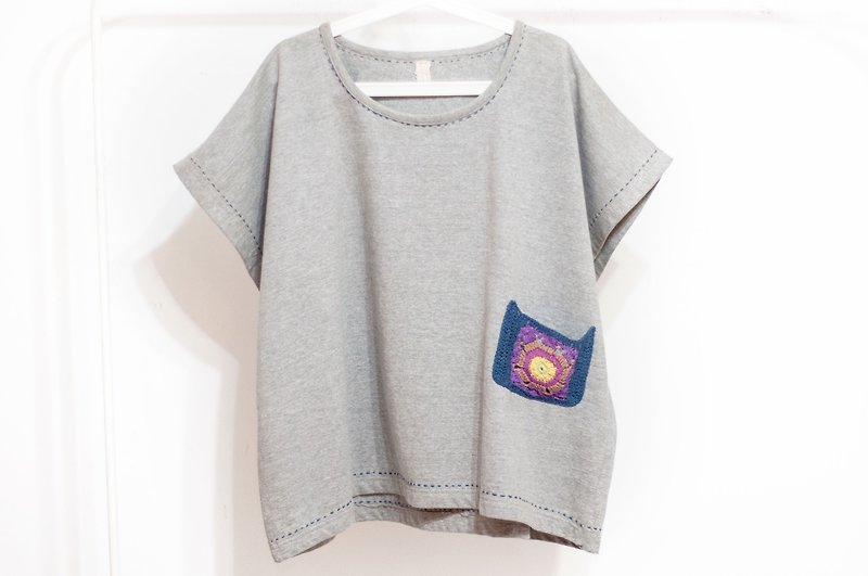 Crocheted Top / Paneled Short Sleeve Top / Inner Brushed Cotton Top / ethnic tops - Bohemia - Women's T-Shirts - Cotton & Hemp Gray