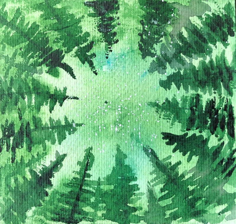 Pine Trees Painting Tree Original Art Dark Sky Artwork Forest Landscape Wall Art - 海報/掛畫/掛布 - 紙 綠色