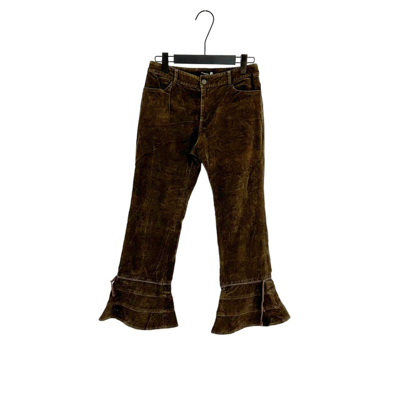 Second-hand dark brown striped velvet elastic pocket flared low waist 28 trousers PF323 - กางเกงขายาว - ผ้าฝ้าย/ผ้าลินิน สีนำ้ตาล