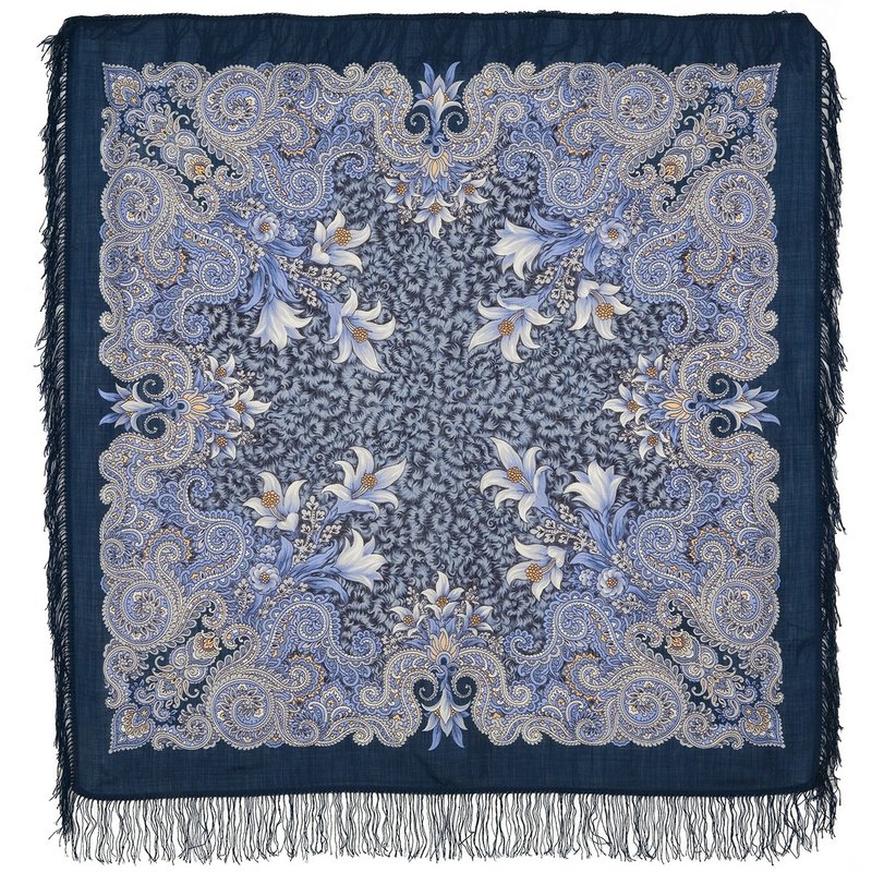 Pavlovo Posad Russian Shawl 100% Wool Scarf 125x125 cm Woolen Fringe 23-14 - 絲巾 - 羊毛 藍色
