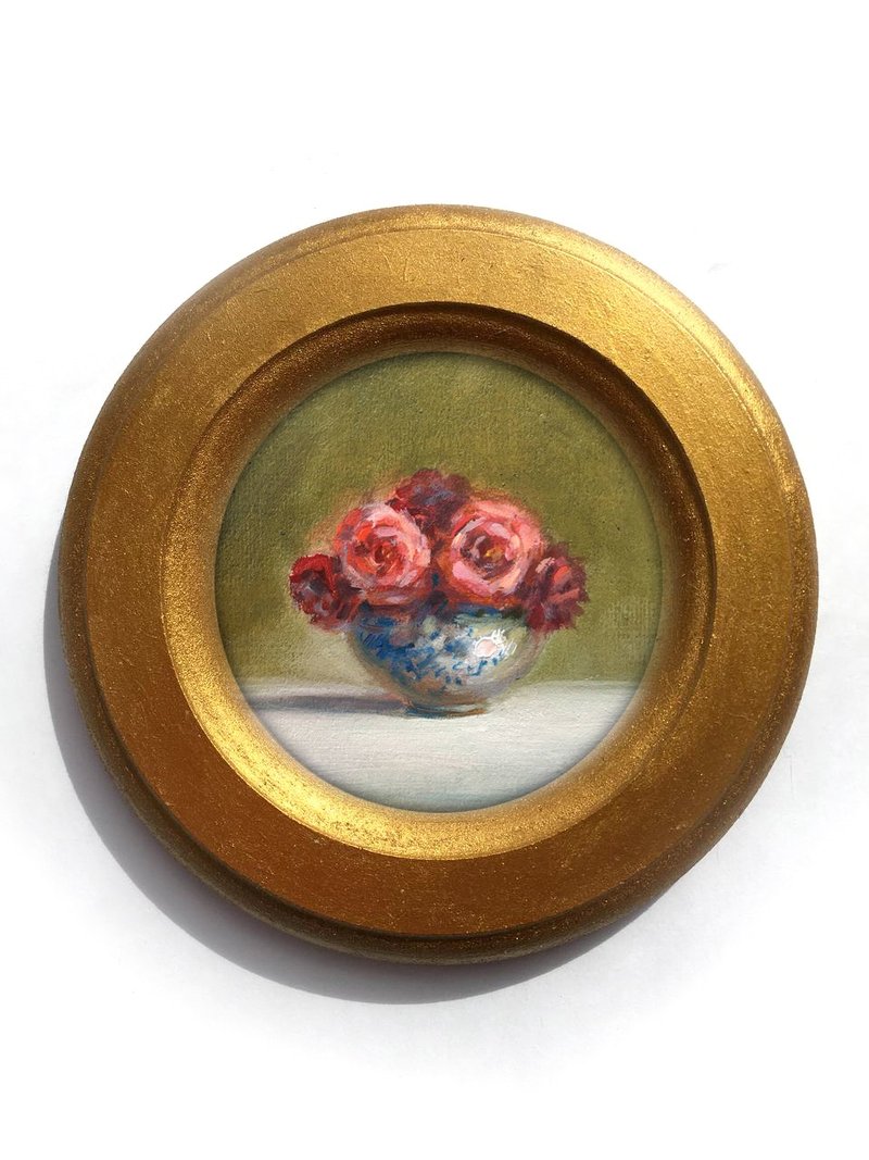 Framed Flower Painting antique style bouquet still life Circular Original round - 壁貼/牆壁裝飾 - 其他材質 藍色