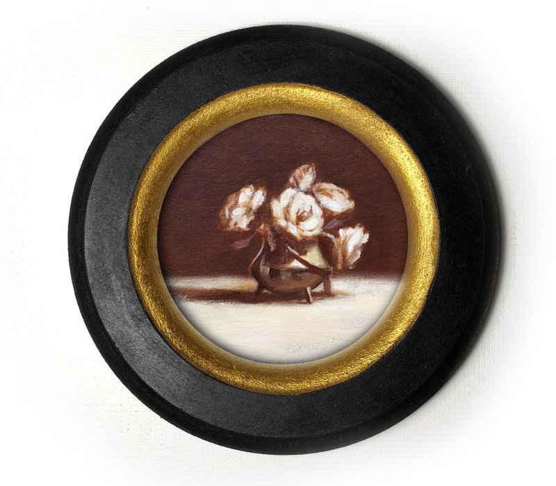 Framed Flower Painting antique style bouquet still life Circular Original round - 壁貼/牆壁裝飾 - 其他材質 藍色