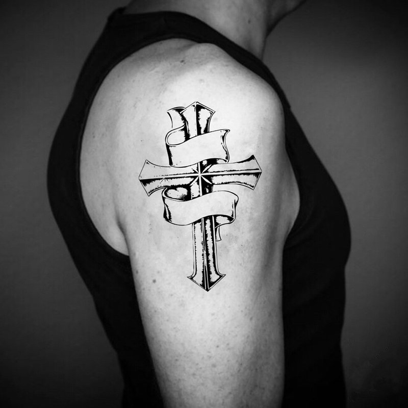 OhMyTat 絲帶十字架 Cross with Ribbon 刺青圖案紋身貼紙 (2 張) - 紋身貼紙/刺青貼紙 - 紙 黑色