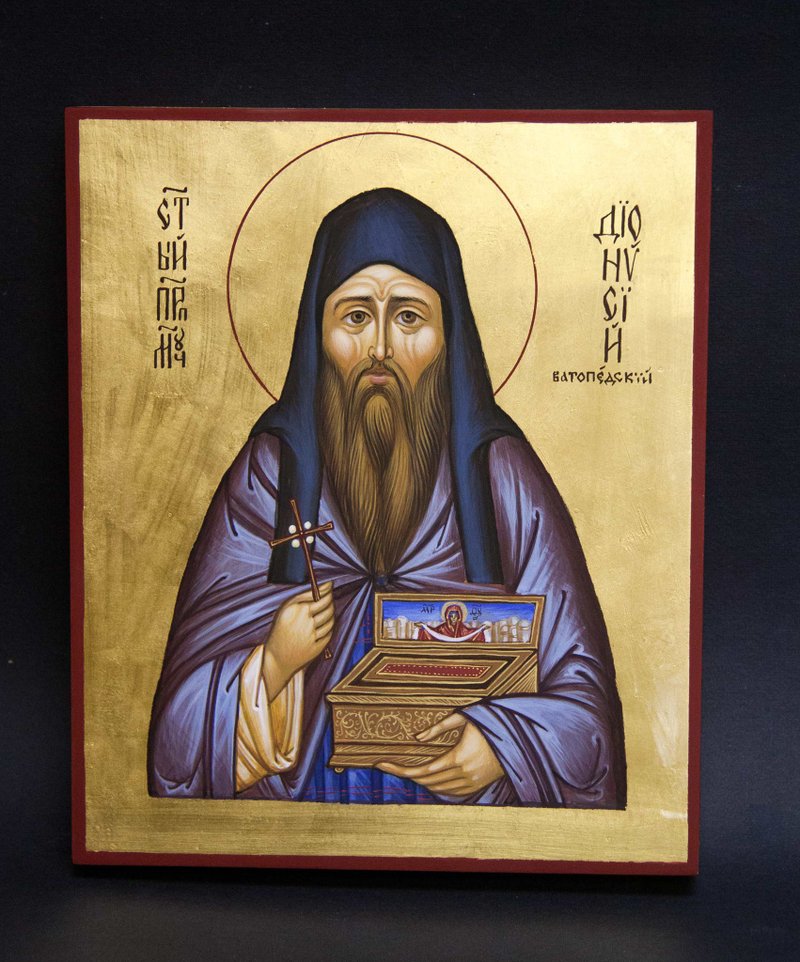 hand painted orthodox wood icon Saint reverend Dionysios of Vatopedi Athos - 其他 - 木頭 金色
