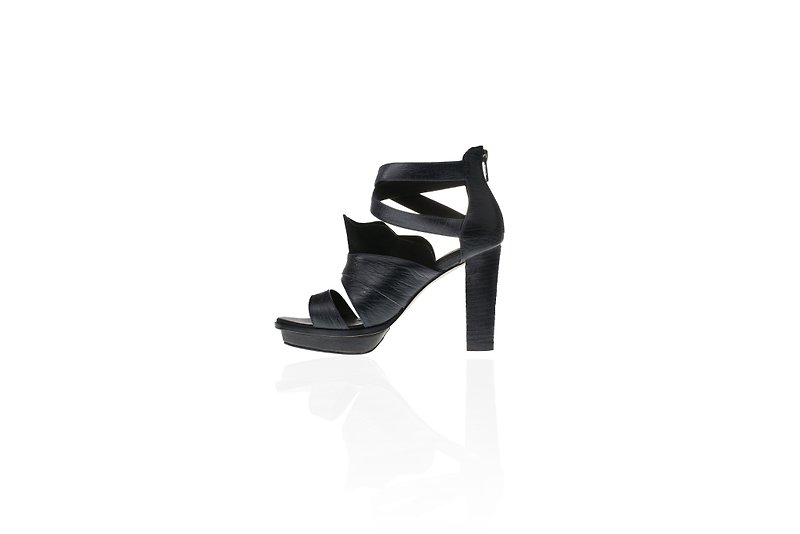 ZOODY / folding / handmade shoes / high heel ankle sandals / black - Sandals - Genuine Leather Black
