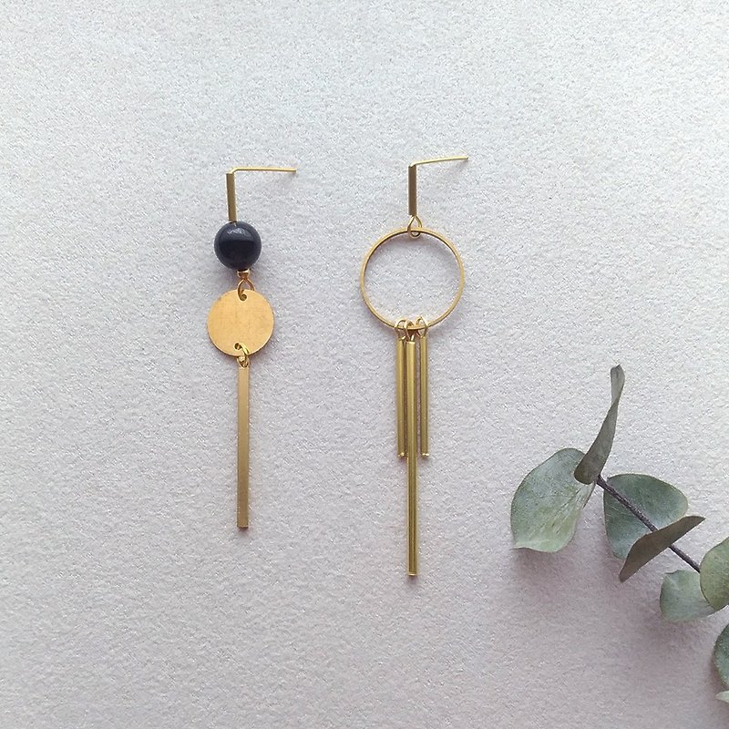 e078 Tingfeng - Bronze black onyx earrings - ต่างหู - ทองแดงทองเหลือง สีนำ้ตาล