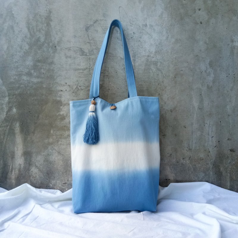 Three Color Tote Bag, Ombre Bag, Indigo Bag - 公事包 - 棉．麻 藍色