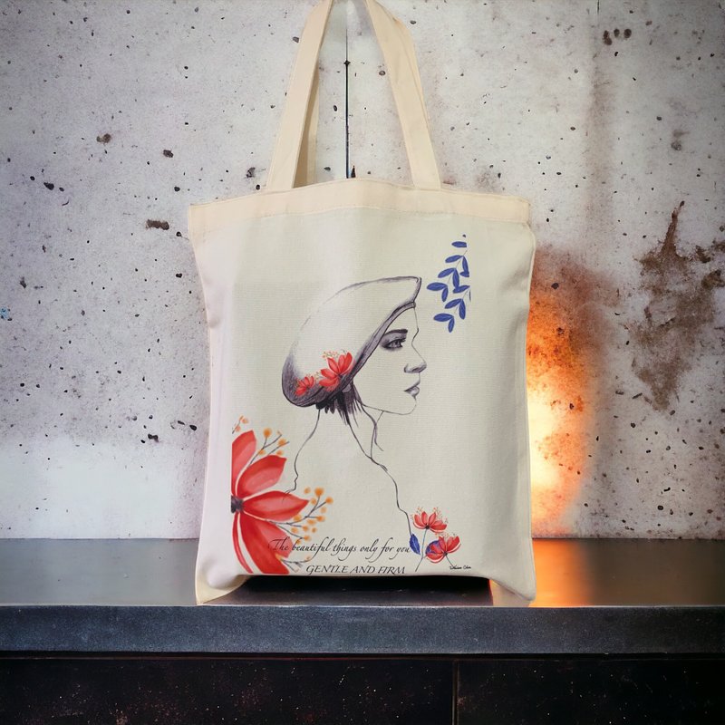 illustration portrait canvas bag - กระเป๋าแมสเซนเจอร์ - ผ้าฝ้าย/ผ้าลินิน 