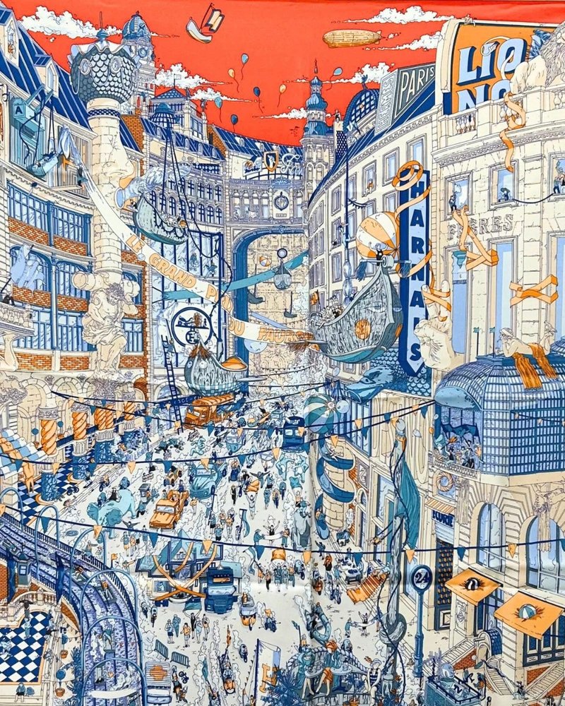 Hermès 愛馬仕限量插畫風絲巾經典橘盒包裝藝術品等級 - 絲巾 - 絲．絹 多色