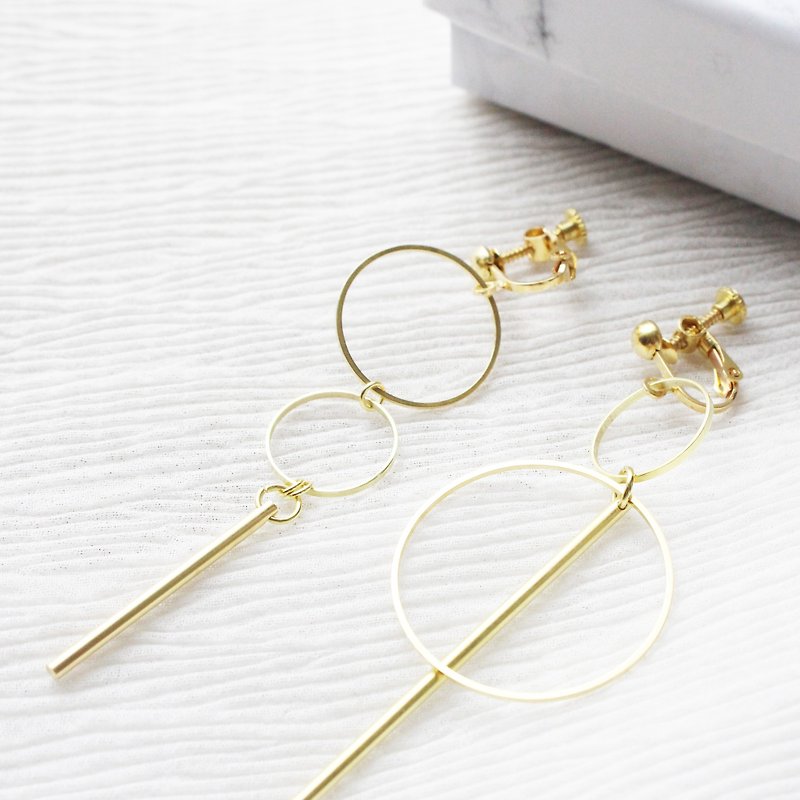 DOUBLE CIRCLE DANGLE EARRINGS NO.3 - Earrings & Clip-ons - Copper & Brass Gold