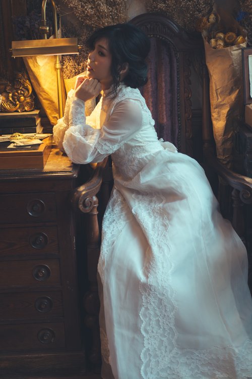 素材生地70年代レースハイネック長袖フラワーアンティークウェディング