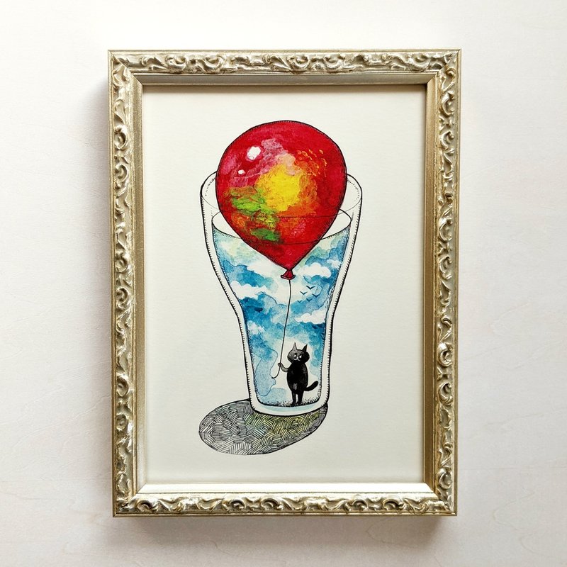 5×7 Black Cat and Balloon Art print - โปสเตอร์ - กระดาษ สีน้ำเงิน