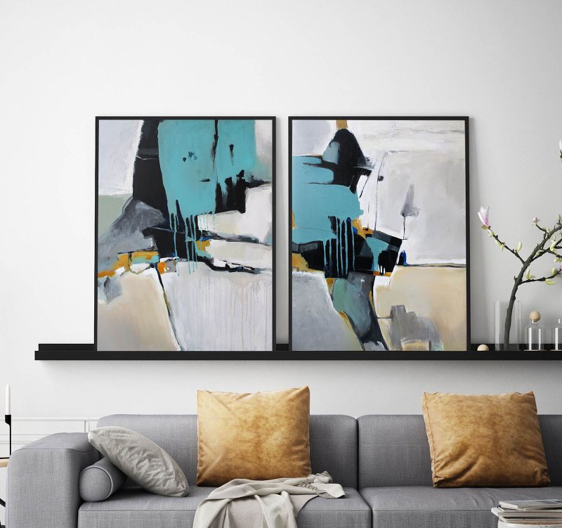 Teal painting set|Teal set of 2 wall art|Turquoise abstract painting|Blue motion - 壁貼/牆壁裝飾 - 棉．麻 藍色