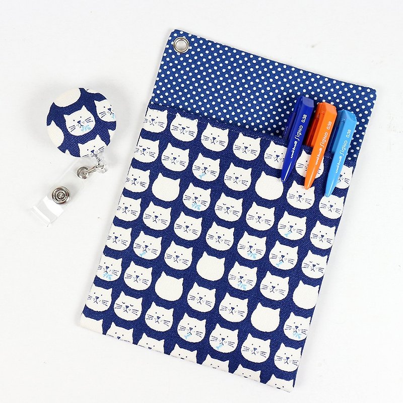 醫師袍 口袋式 防漏墨 收納袋 筆袋+證件夾 - 小貓咪 (藍) - 筆盒/筆袋 - 棉．麻 藍色