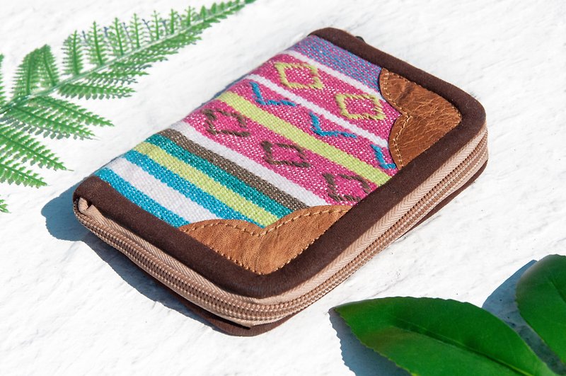 Hand-woven stitching leather short clip short wallet coin purse woven short clip-ethnic style Mexican rainbow - กระเป๋าสตางค์ - ผ้าฝ้าย/ผ้าลินิน หลากหลายสี