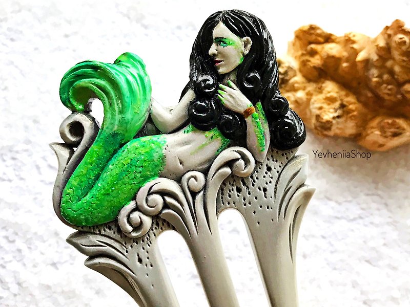 Hair Accessories + Carved Wood Hair Barrette + Mermaid + Handmade - Hair Accessories - Wood Green