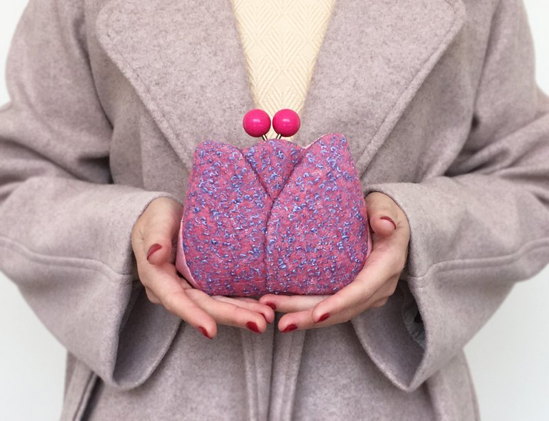 鬱金香短夾 錢包 皮夾 小廢包 口金包 零錢包 櫻花粉 - 錢包/皮夾/長短夾 - 羊毛 粉紅色