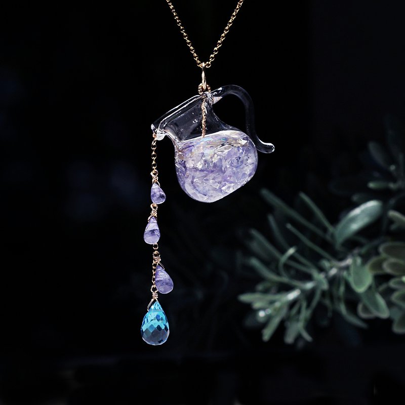 Gemstone Water Pot Necklace Tanzanite Opal Topaz - สร้อยคอ - เครื่องเพชรพลอย สีน้ำเงิน