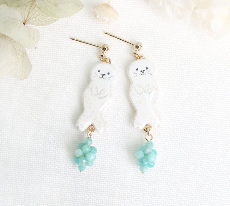 White Seal Earrings/ Clip-On/ Blue Beads/ Hand Painted/ Marine Animals - Earrings & Clip-ons - Clay White