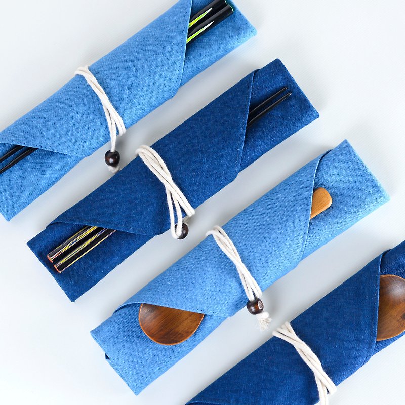 Cutlery set-blue dyed cloth bag, one life chopsticks set (3 options) - Cutlery & Flatware - Wood Blue