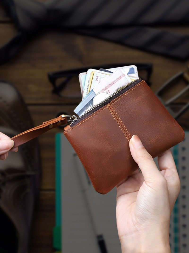 Crazy Horse Leather Card Holder Bag Card Slot Coin Purse Small Money Bag - กระเป๋าใส่เหรียญ - หนังแท้ สีนำ้ตาล