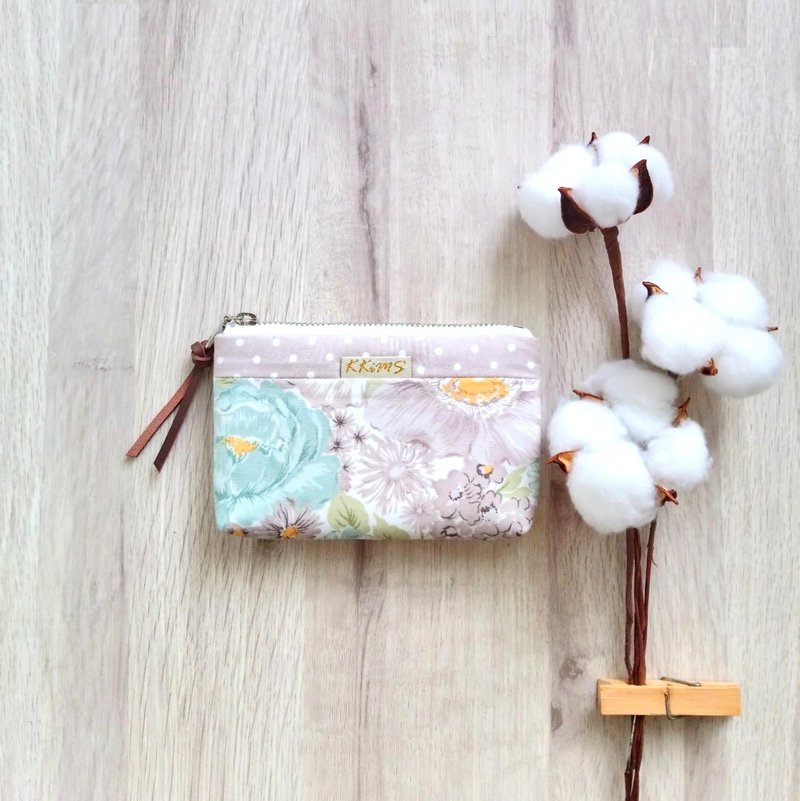 [FWL/Four-layer Small Wallet] Floral French Silver onion cloth with jade dots - Coin Purses - Cotton & Hemp Khaki