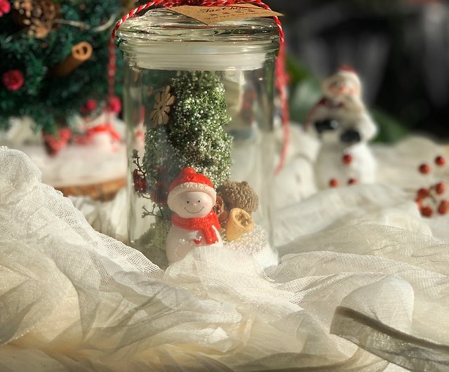 ミニチュア風景クリスマス雪シーン瓶。クリスマス。雪だるま。家の装飾