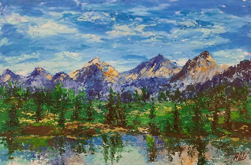 AsheArt Mountain painting Original acrylic painting Lake landscape Impasto painting