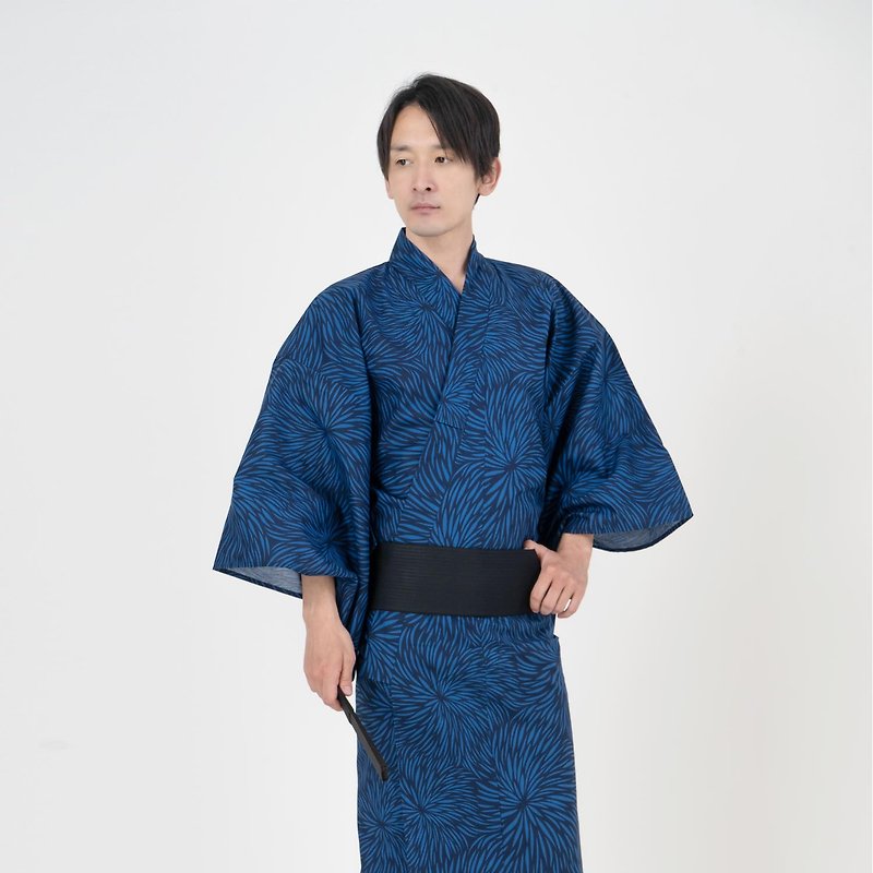 Men's cotton yukata belt 2-piece set ML LL 3L size z33-03 yukata - อื่นๆ - ผ้าฝ้าย/ผ้าลินิน สีน้ำเงิน