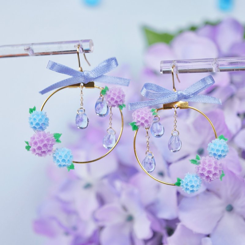 紫陽花のリース ピアス/イヤリング - 耳環/耳夾/耳骨夾 - 塑膠 藍色