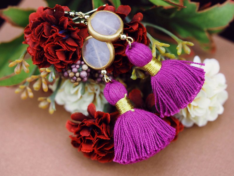 Rose quartz earrings / Romantic fuchsia pink tassel earrings - 耳環/耳夾/耳骨夾 - 寶石 粉紅色
