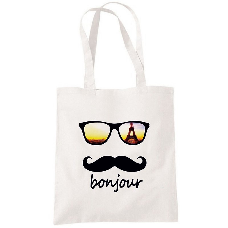 bonjour Paris 帆布包 購物袋 米白 環保 法國 鬍子 鬍鬚 巴黎 - 手提包/手提袋 - 其他材質 白色