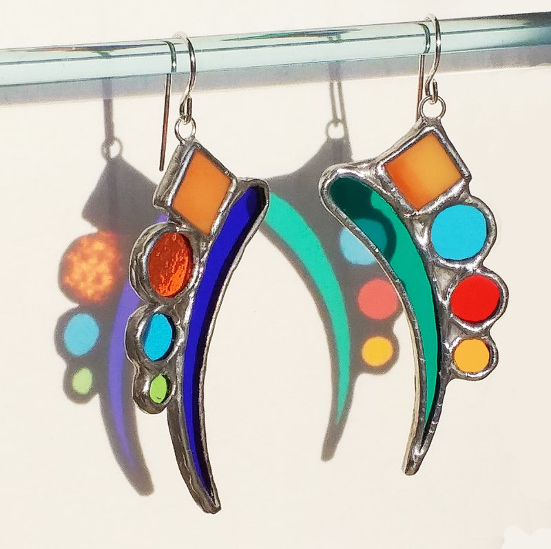 Long stained glass earrings Multicolor large earrings - Earrings & Clip-ons - Glass Multicolor