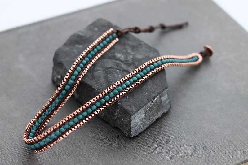Green Onyx Faceted Copper Double Wrap Bracelets Chain - สร้อยข้อมือ - เครื่องประดับพลอย สีทอง