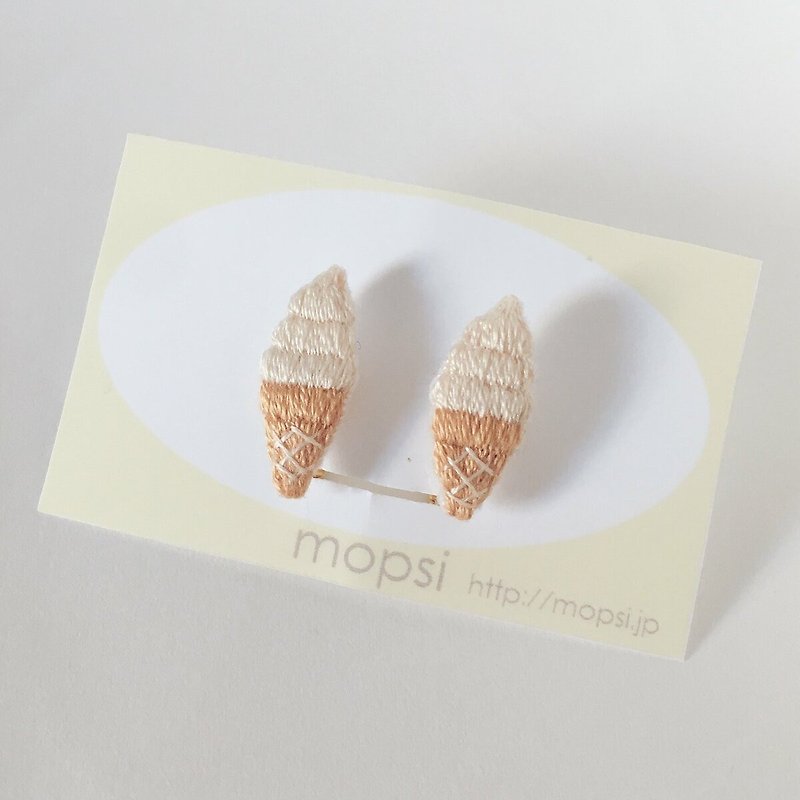 Soft serve ice cream embroidery earrings / Clip-On - Earrings & Clip-ons - Thread White
