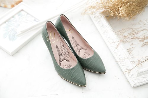 Marconzone 瑪康澤 -精品手工鞋 Liz-墨綠-鱷魚紋羊皮尖頭高跟鞋