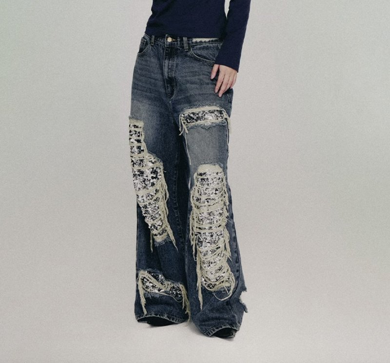 Ripped Detail Jeans 原色洗水大廓形亮片破洞牛仔褲 - 中性長褲/短褲 - 其他材質 藍色