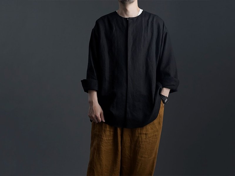 wafu - 亞麻襯衣 Oversized Linen Fly Front Shirt / Black t021e-bck1 - 帽T/大學T - 亞麻 黑色