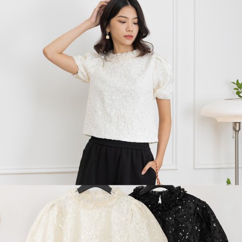 MEDUSA LADY 【MEDUSA】網紗滾邊領口刺繡亮片上衣-2色(F) | 女上衣 短袖上衣