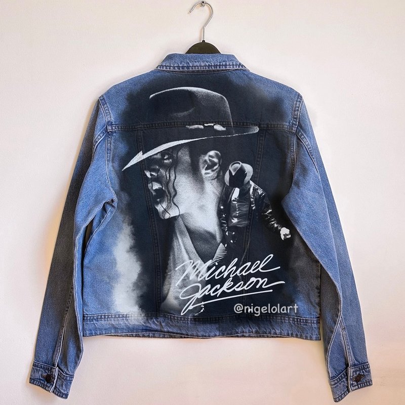 Painted Denim Jacket Michael Jackson Bad Handmade Custom jacket gift - Women's Casual & Functional Jackets - Cotton & Hemp Blue