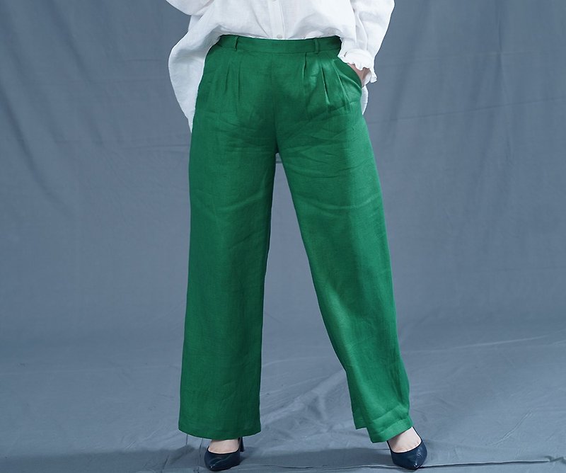 wafu Linen straight pants / elastic waist / long length / Vert Cypres b010e-vsp2 - Women's Pants - Cotton & Hemp Green