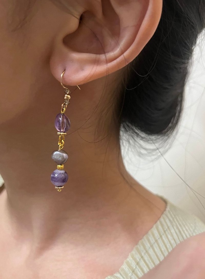 紫水晶耳環 紫珍珠 耳環 耳鉤 輕奢 寶石耳環