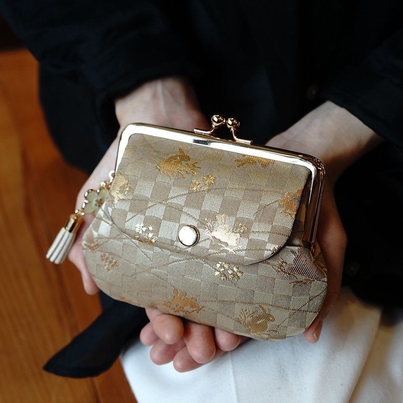 西陣織金襴口袋親子口金包-金市松兔Good/零錢包 - 錢包/皮夾/長短夾 - 其他金屬 
