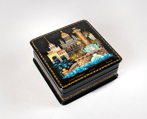 FirebirdWorkshop Russian black Lacquer Box St.Petersburg painted jewelry box, ornate jewelry box