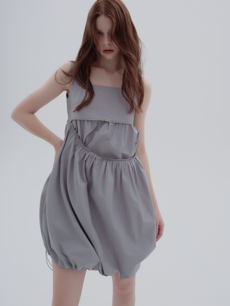 淺霧灰色 拉鏈展開設計可調節洋裝 寬鬆無袖連身裙蓬蓬裙 - 連身裙 - 聚酯纖維 灰色