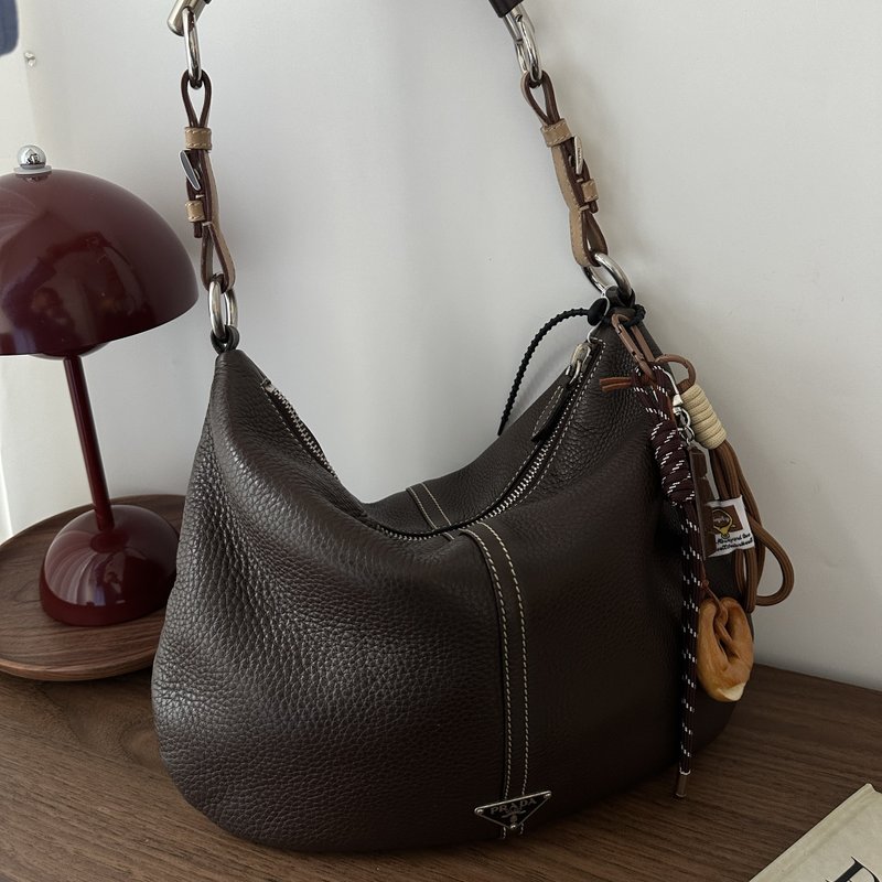 中古包 PRADA 普拉達 柔軟朱古力色明線牛皮手袋 - 側背包/斜背包 - 真皮 咖啡色