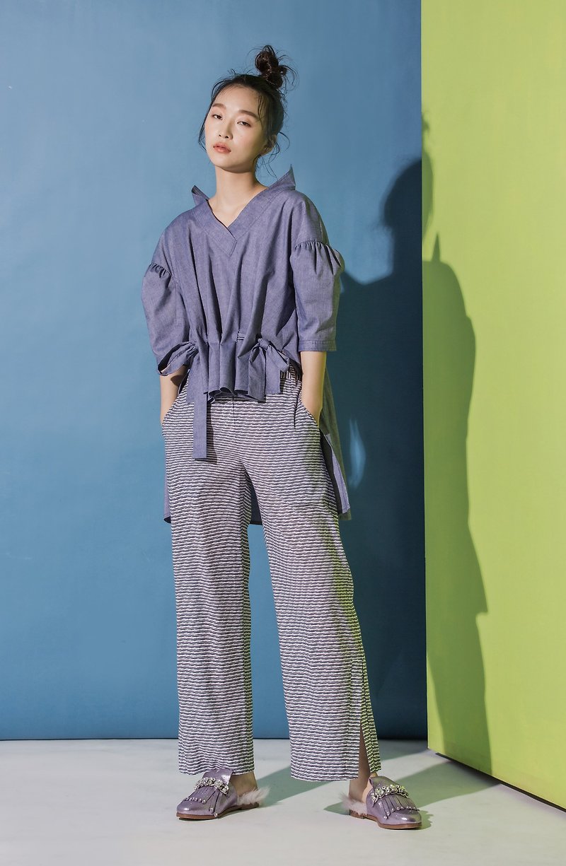 Striped side slit cropped trousers - Women's Pants - Cotton & Hemp Blue