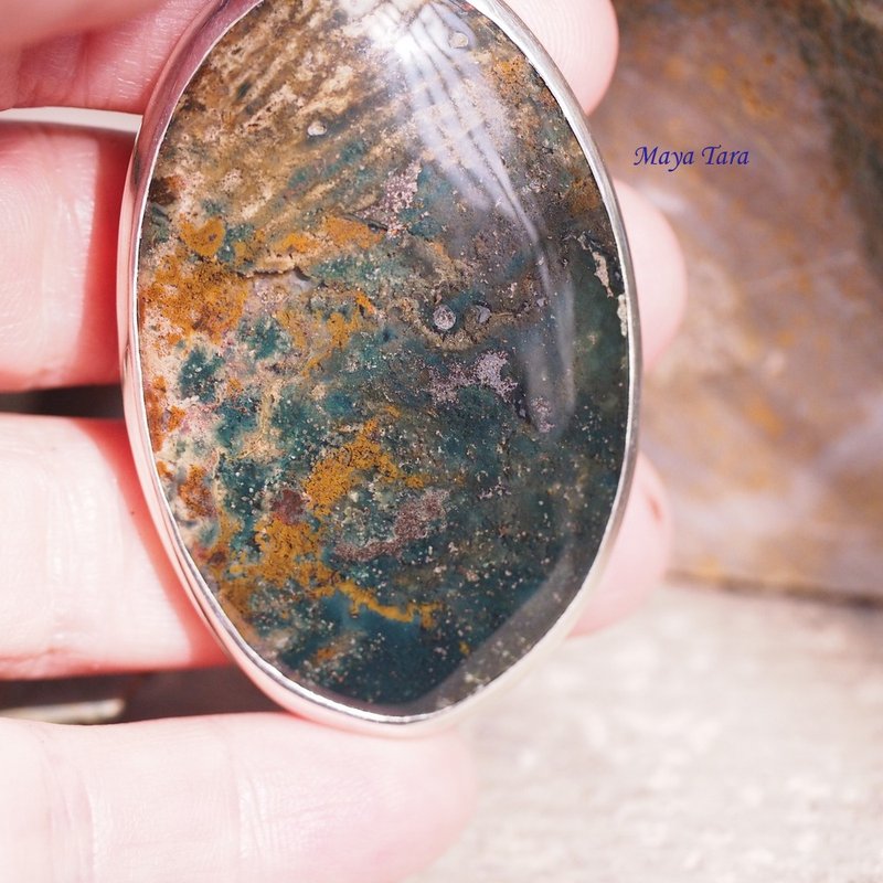 大顆 苔蘚瑪瑙 庭園水晶 手工純銀墜子 Large moss agate - 長項鍊 - 水晶 綠色